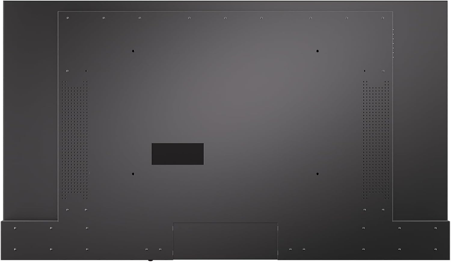Rückseite eines schwarzen Fernsehers mit VESA-Halterungslöchern und Lüftungsgittern.