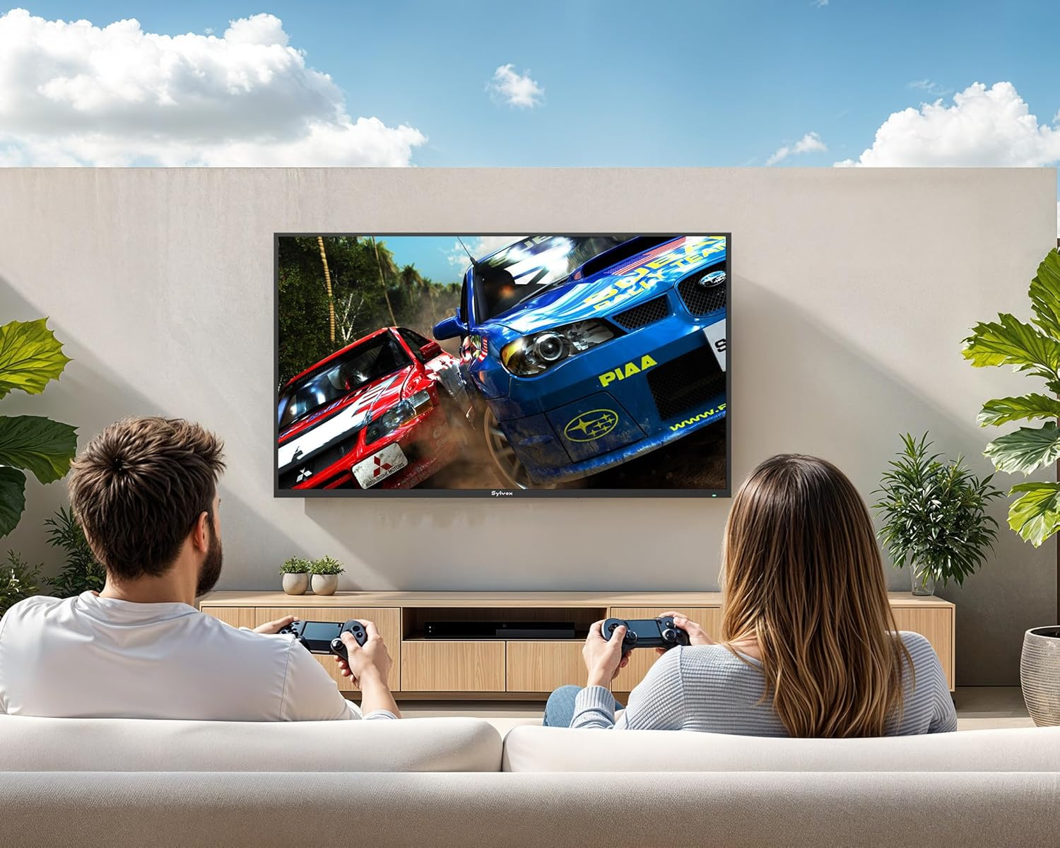 Ein Paar sitzt auf einem Sofa und spielt ein Rennspiel auf einem großen Fernseher auf einer sonnigen Terrasse.
