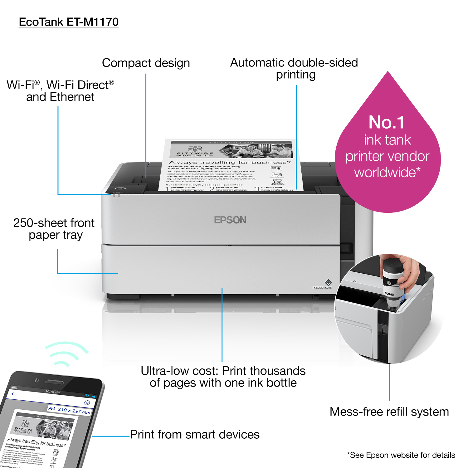 Stampante Epson EcoTank ET-M1170 con Wi-Fi, stampa fronte-retro automatica e sistema di ricarica senza macchia.