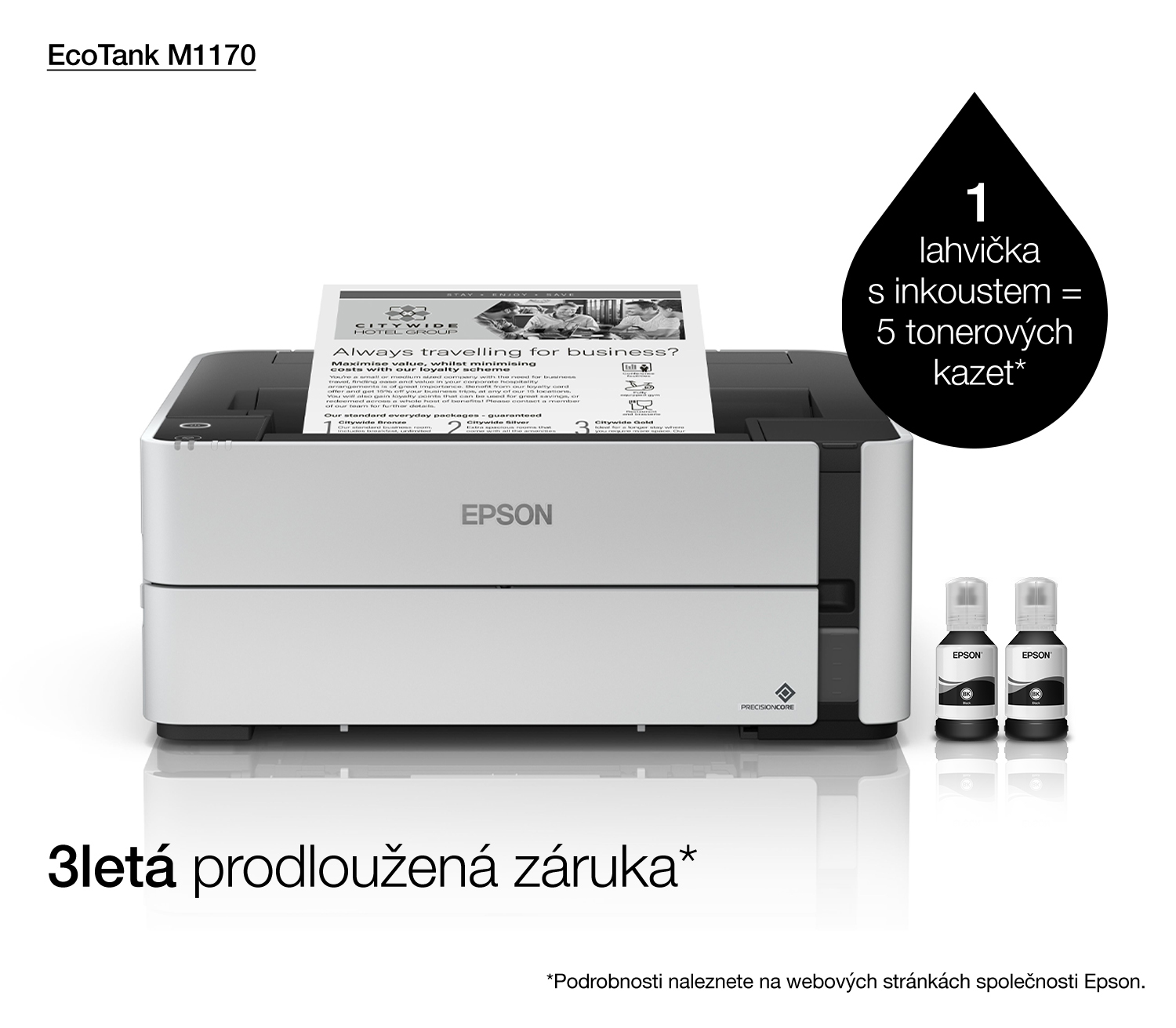 Stampante Epson EcoTank M1170 con due flaconi di inchiostro e testo promozionale.