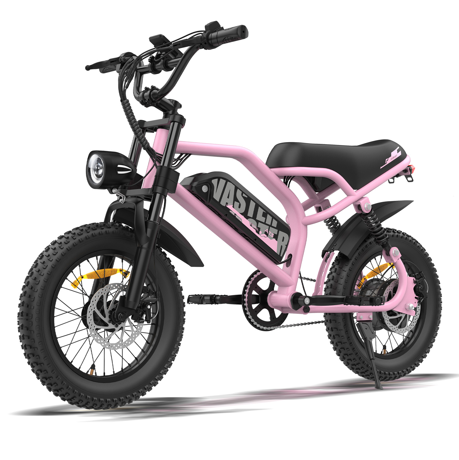 Una bicicletta elettrica rosa con pneumatici larghi, sella nera e faro anteriore su sfondo bianco.