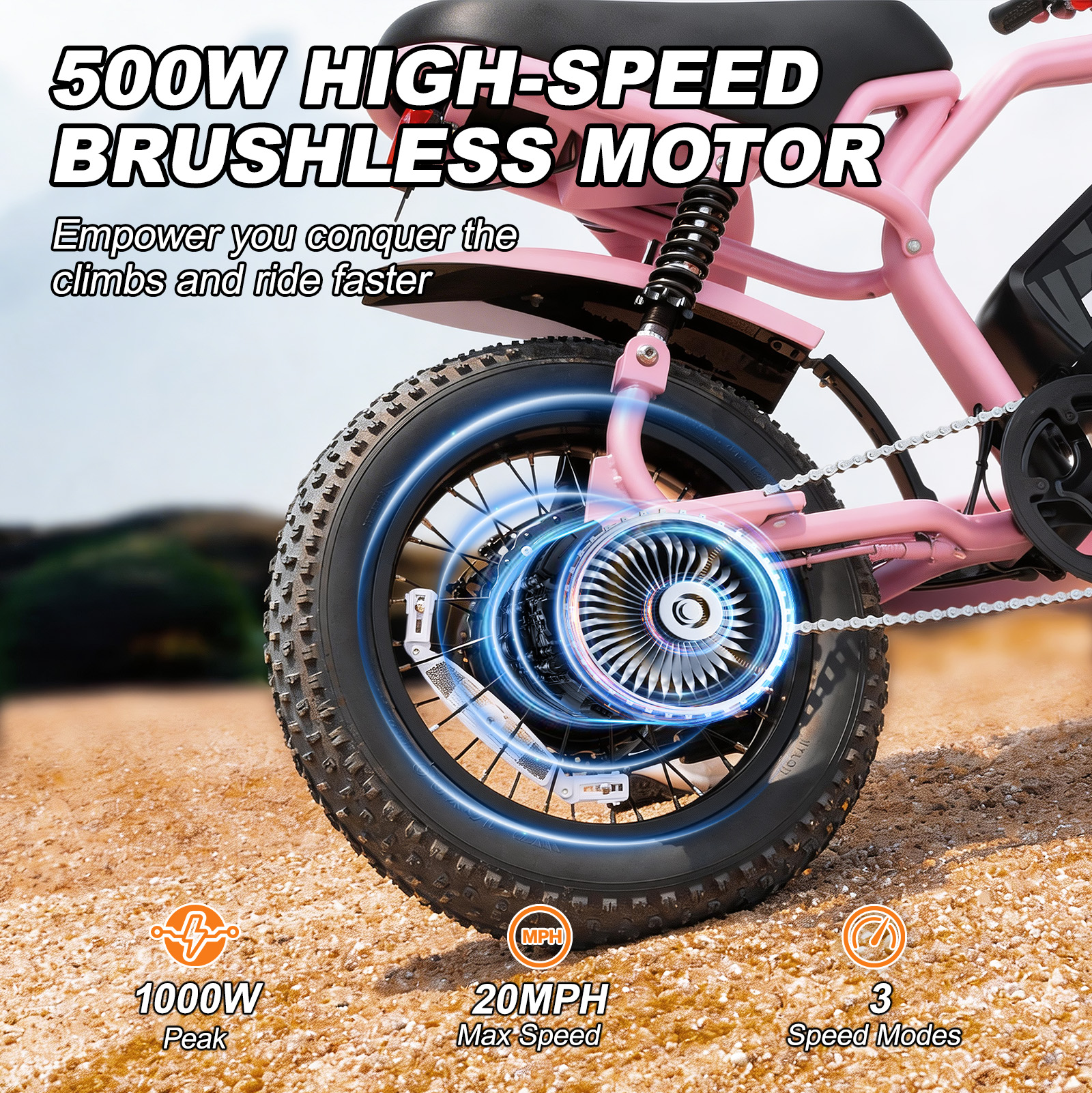 Ruota posteriore di e-bike rosa con motore brushless da 500W su terreno sabbioso.