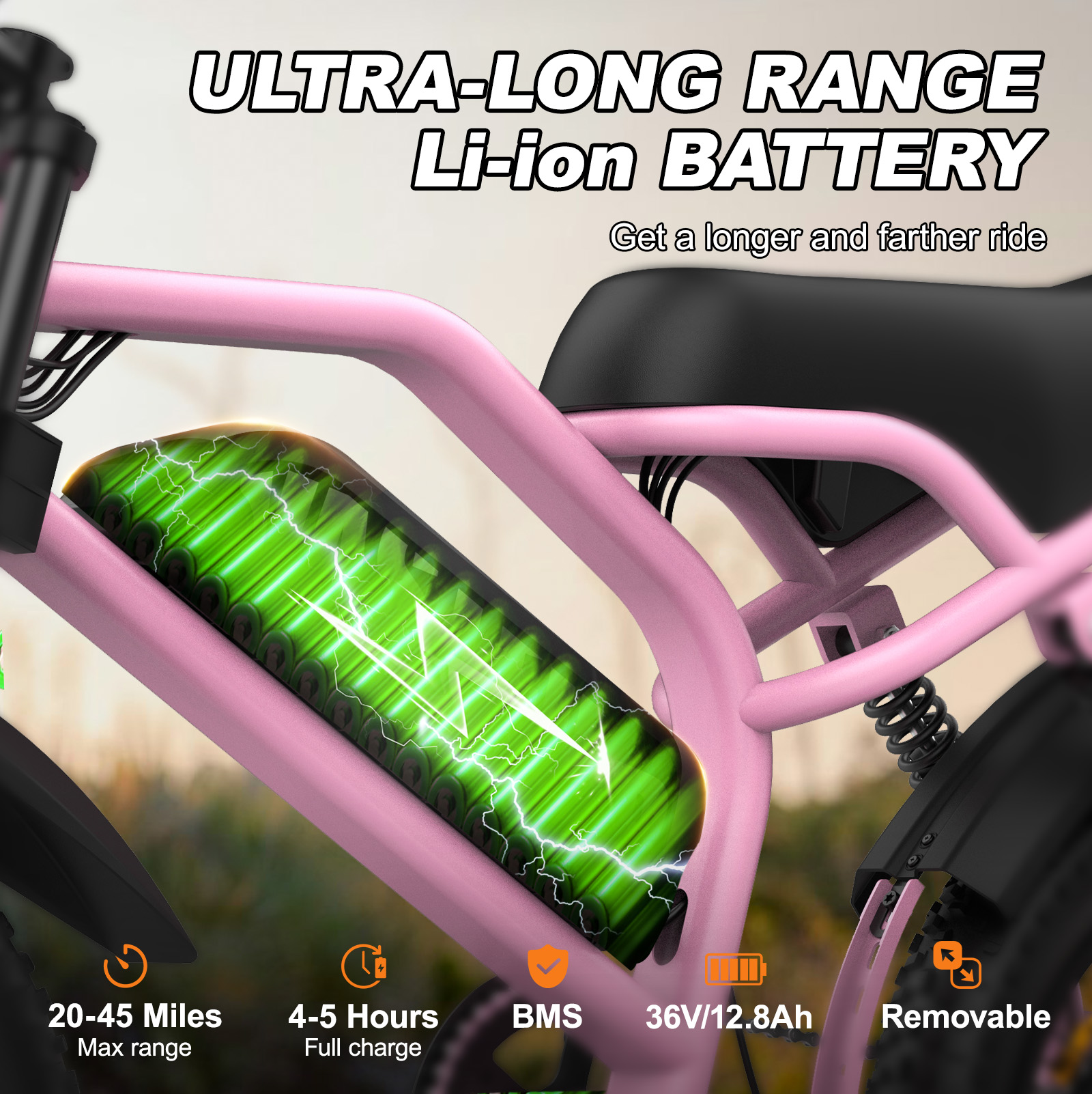 E-bike rosa con batteria agli ioni di litio verde integrata e icone delle specifiche.
