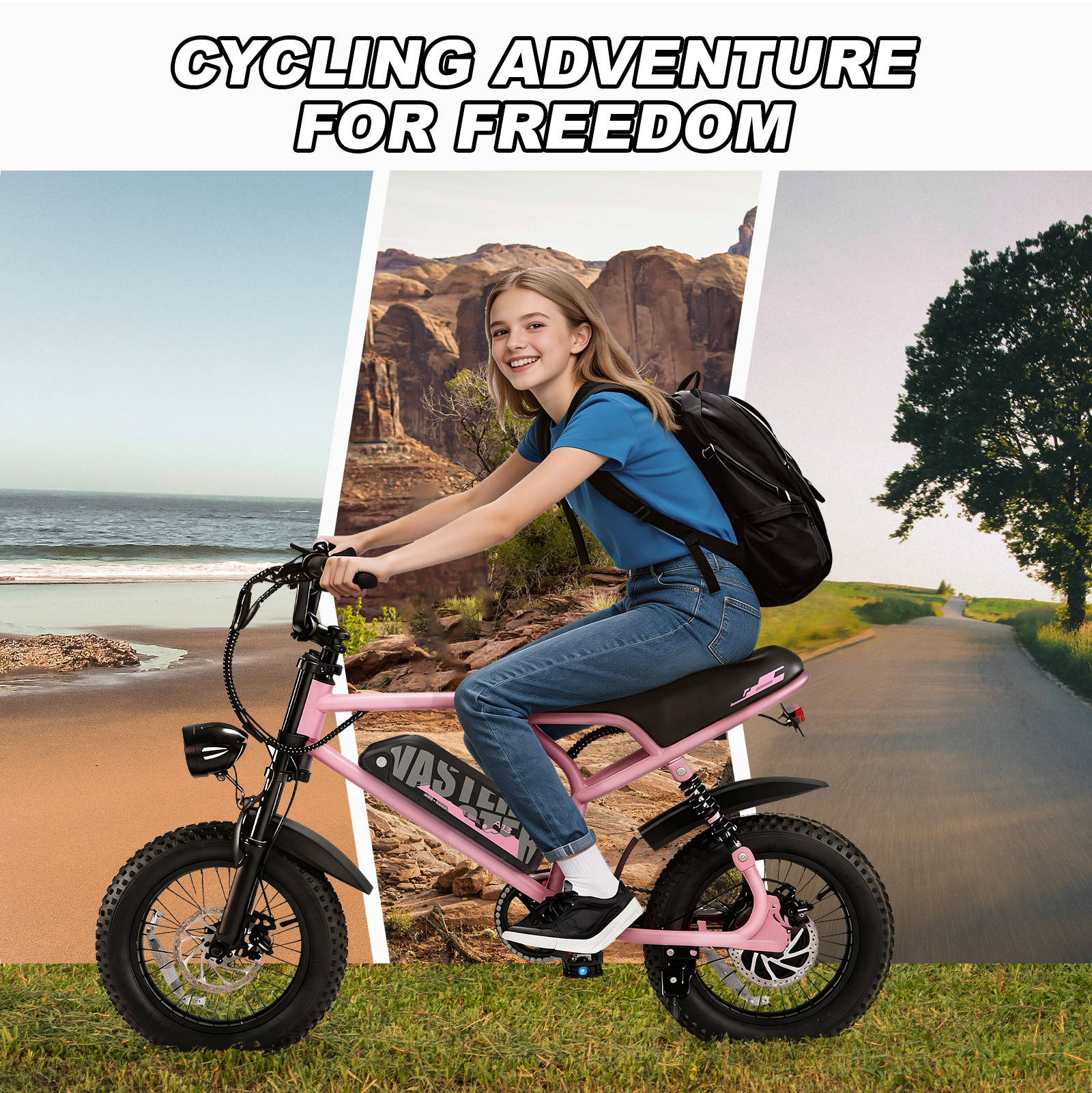 Una ragazza sorridente guida una bici elettrica rosa con sfondi di spiaggia, canyon e strada.