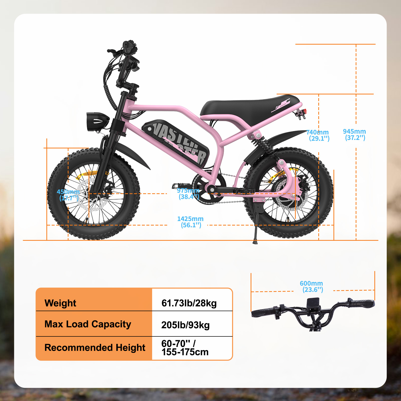Schema di una bicicletta elettrica rosa con dimensioni, peso e dettagli sulla capacità di carico.