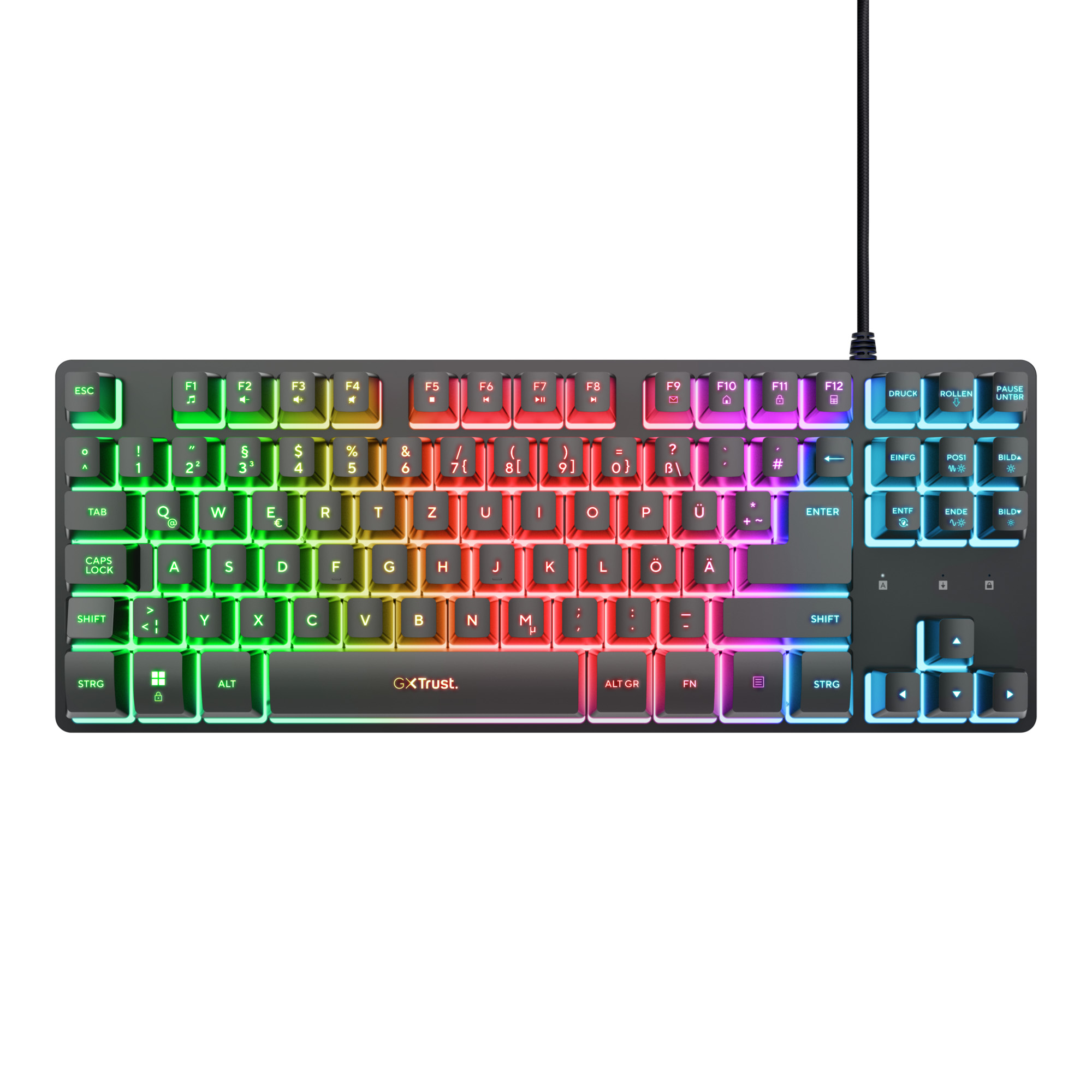 Eine schwarze Gaming-Tastatur mit bunter RGB-Hintergrundbeleuchtung und angeschlossenem Kabel von oben betrachtet.