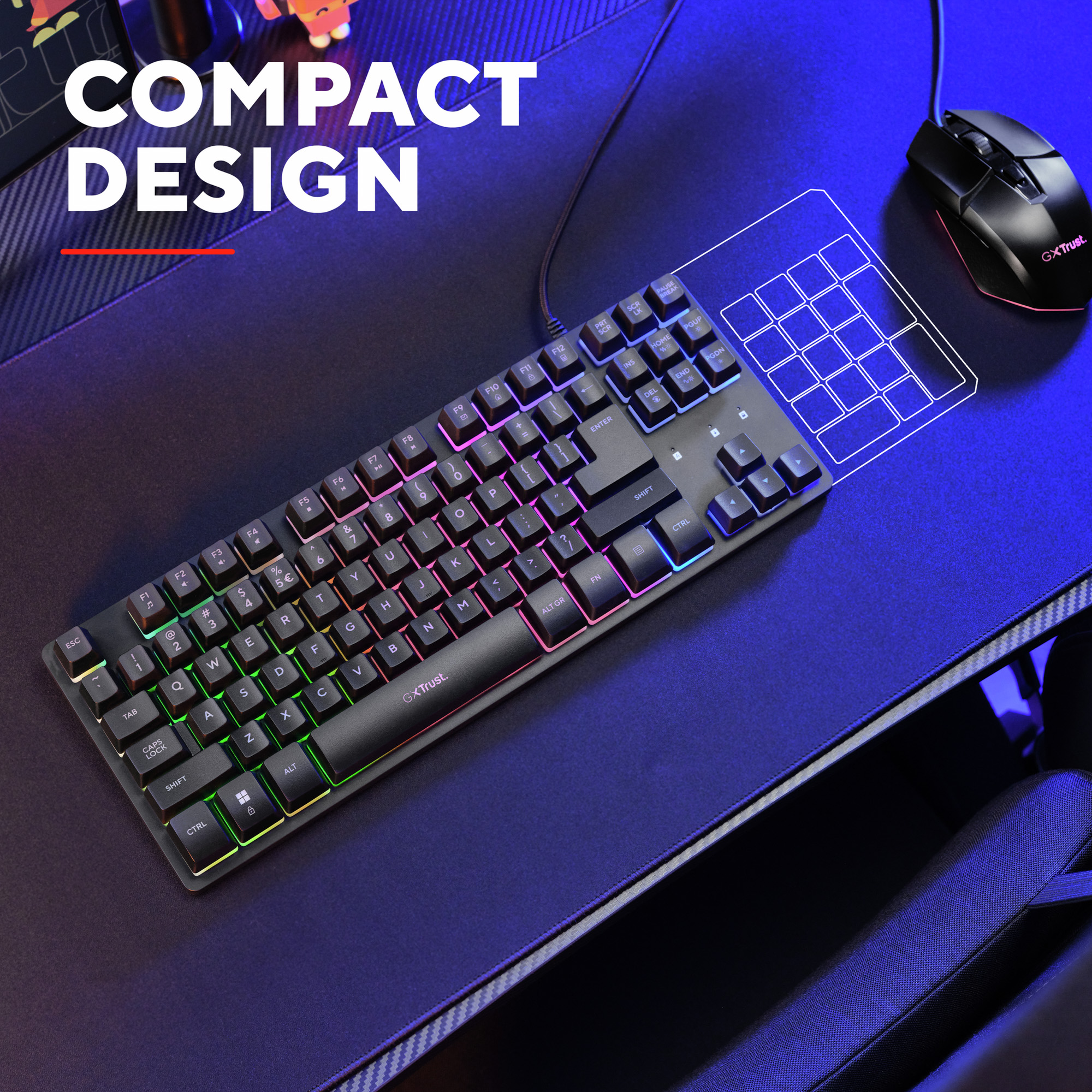 Kompakte schwarze Gaming-Tastatur mit RGB-Beleuchtung und Maus auf blauem Schreibtisch.
