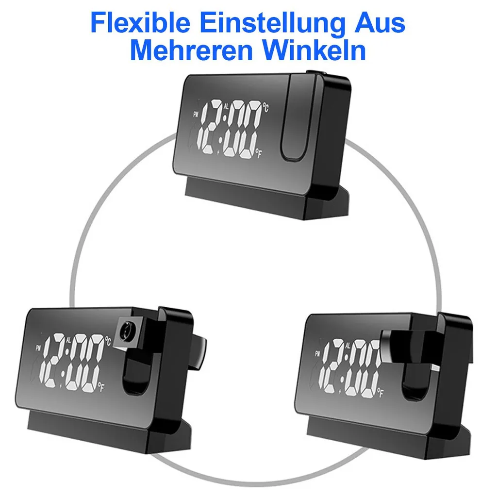 Drei Ansichten einer schwarzen Digitaler-Projektionsuhr mit weißer LED-Anzeige.