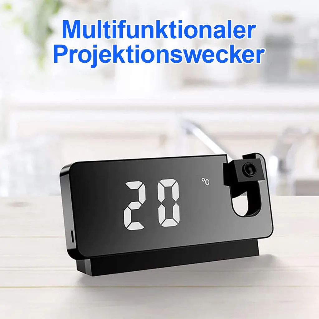 Ein schwarzer, multifunktionaler Projektionswecker mit digitaler Anzeige von 20 Grad Celsius auf einer weißen Oberfläche.
