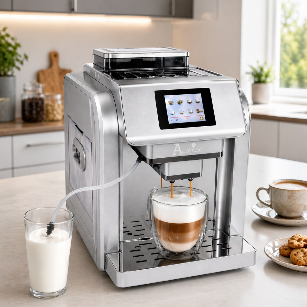 Eine silberne Acopino Kaffeemaschine auf einer Küchentheke brüht Latte in ein Glas, Milch und Kekse stehen daneben.