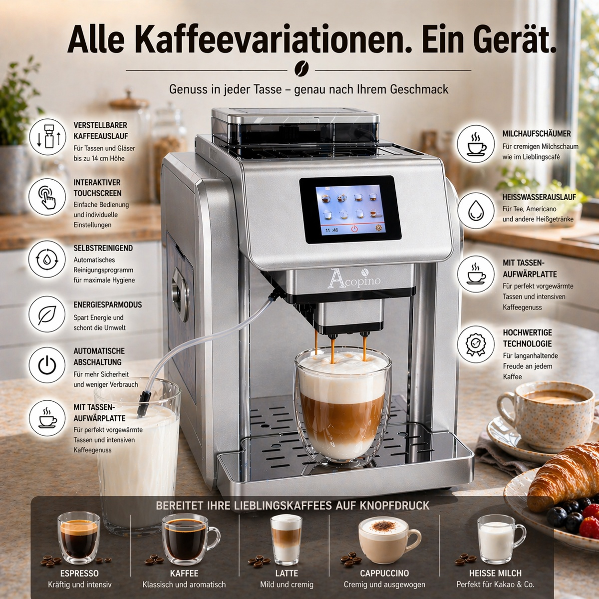 Moderne Acopino Kaffeemaschine auf einer Küchentheke mit Infografiken zu Funktionen.
