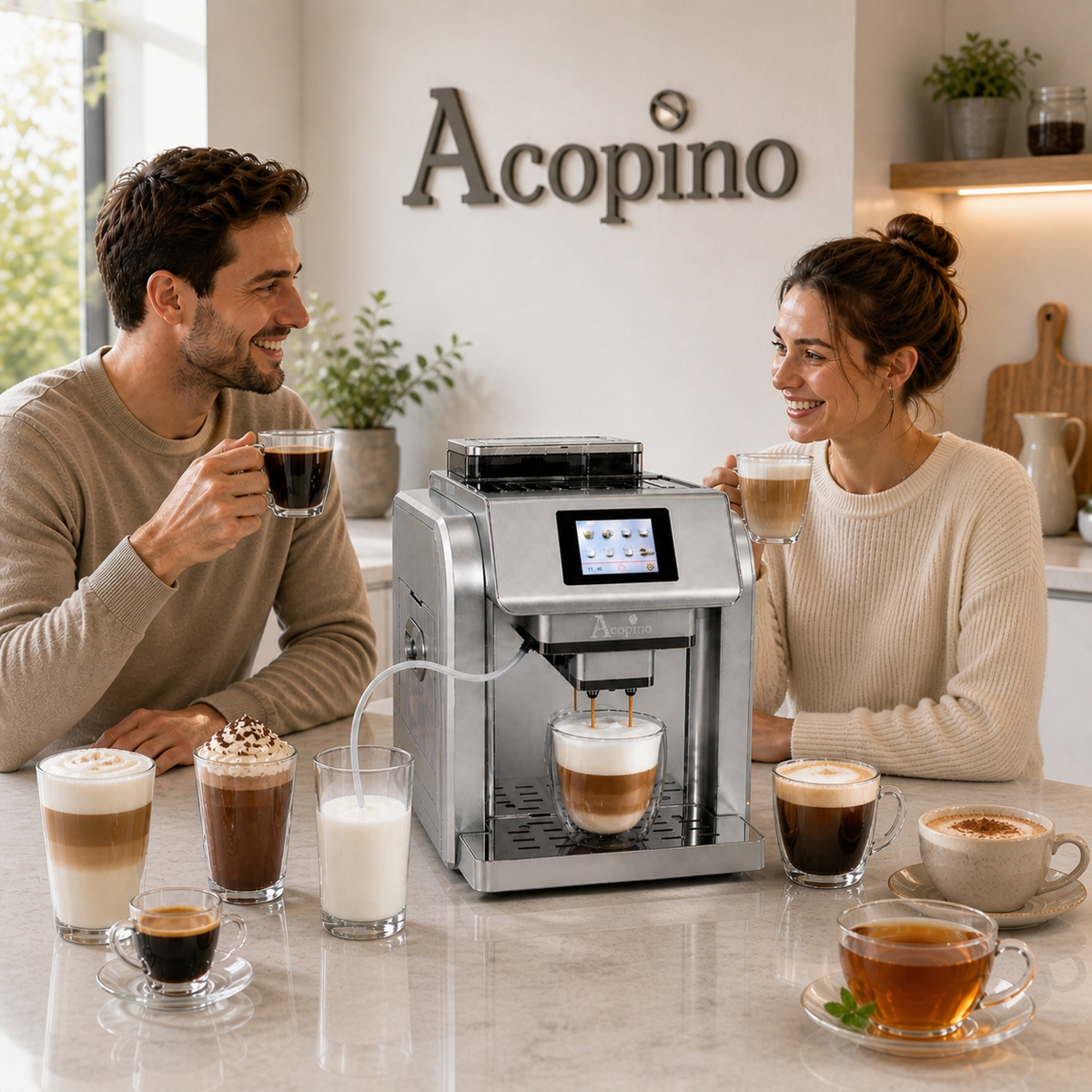 Ein Paar sitzt in der Küche an einem Tisch voller Kaffeespezialitäten neben einer modernen Acopino-Kaffeemaschine.