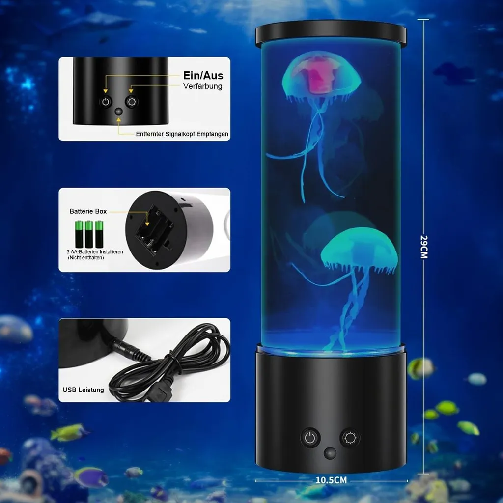 Zylindrische Quallen-Lavalampe mit blauer Flüssigkeit, Tasten, Batteriefach und USB-Anschluss.