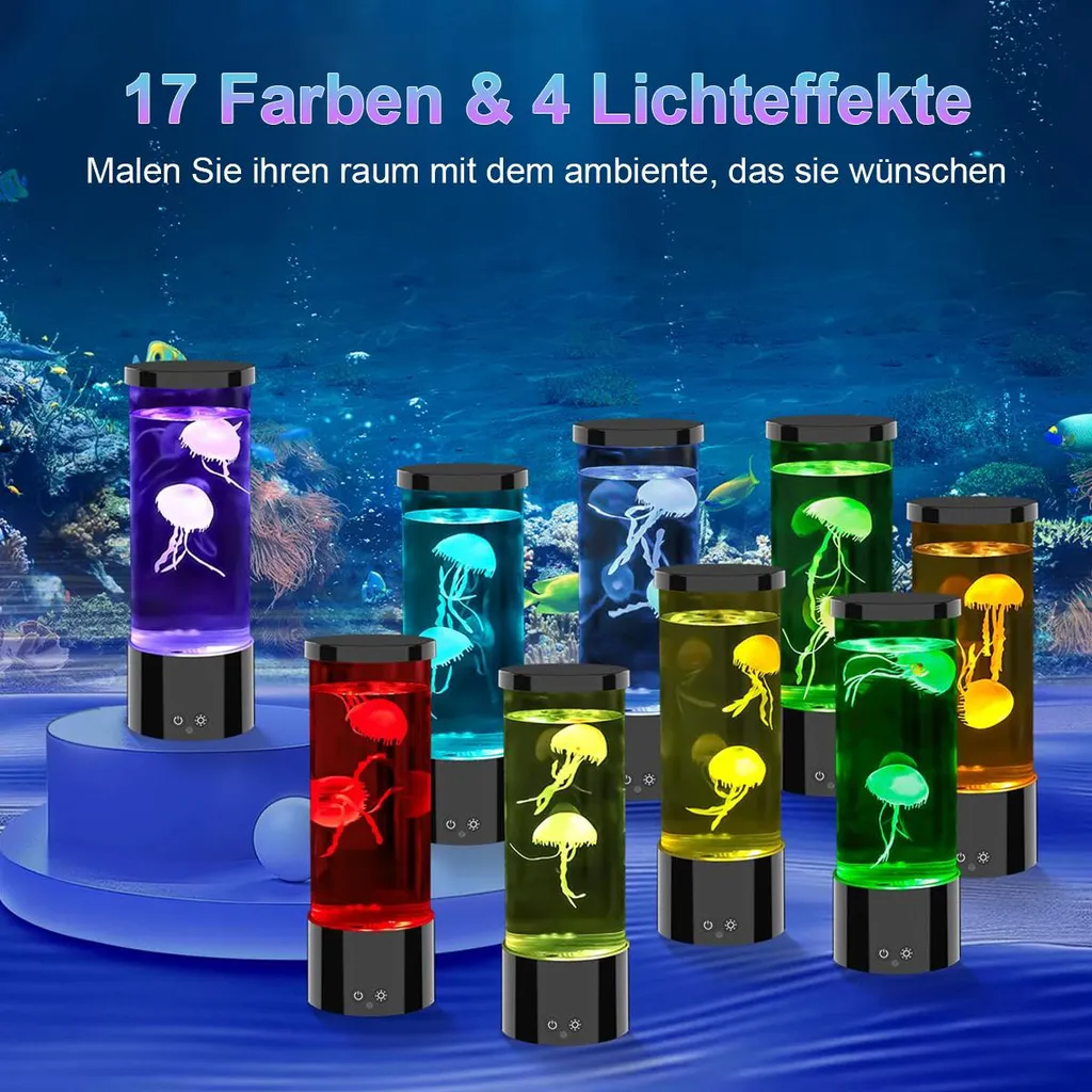 Mehrere bunte Quersenlampen auf einem blauen Display vor einem Unterwasserhintergrund.