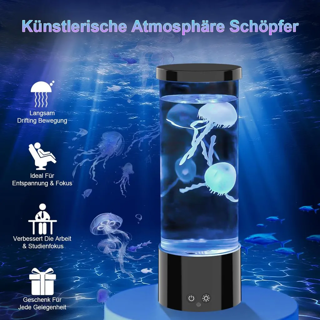 Eine zylindrische LED-Quallenlampe vor einem Unterwasserhintergrund mit Werbetexten.