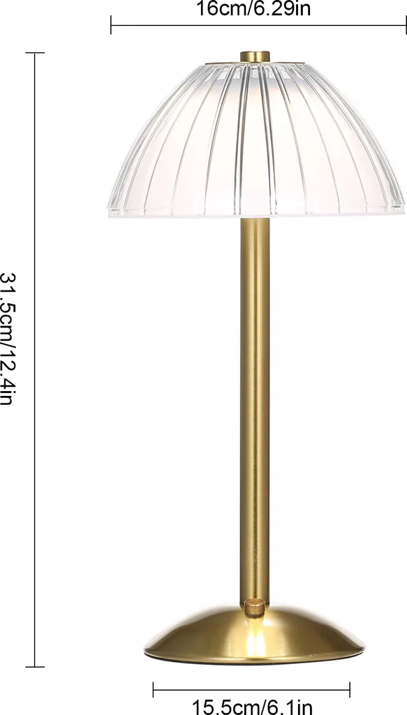 Goldene Tischlampe mit transparentem Schirm und Bemaßung auf weißem Hintergrund.