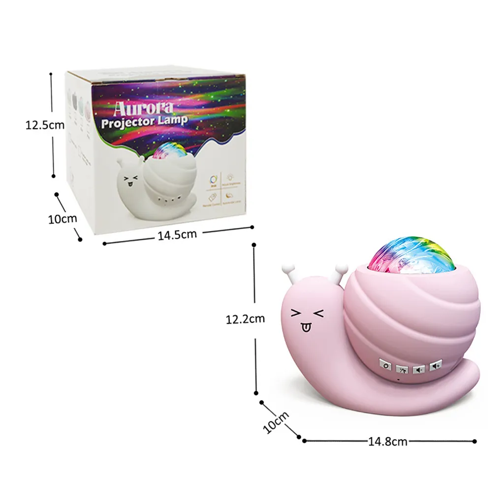 Rosa schneckenförmige Aurora-Projektorlampe mit buntem Kuppelgehäuse, gezeigt mit Produktbox und Maßen.