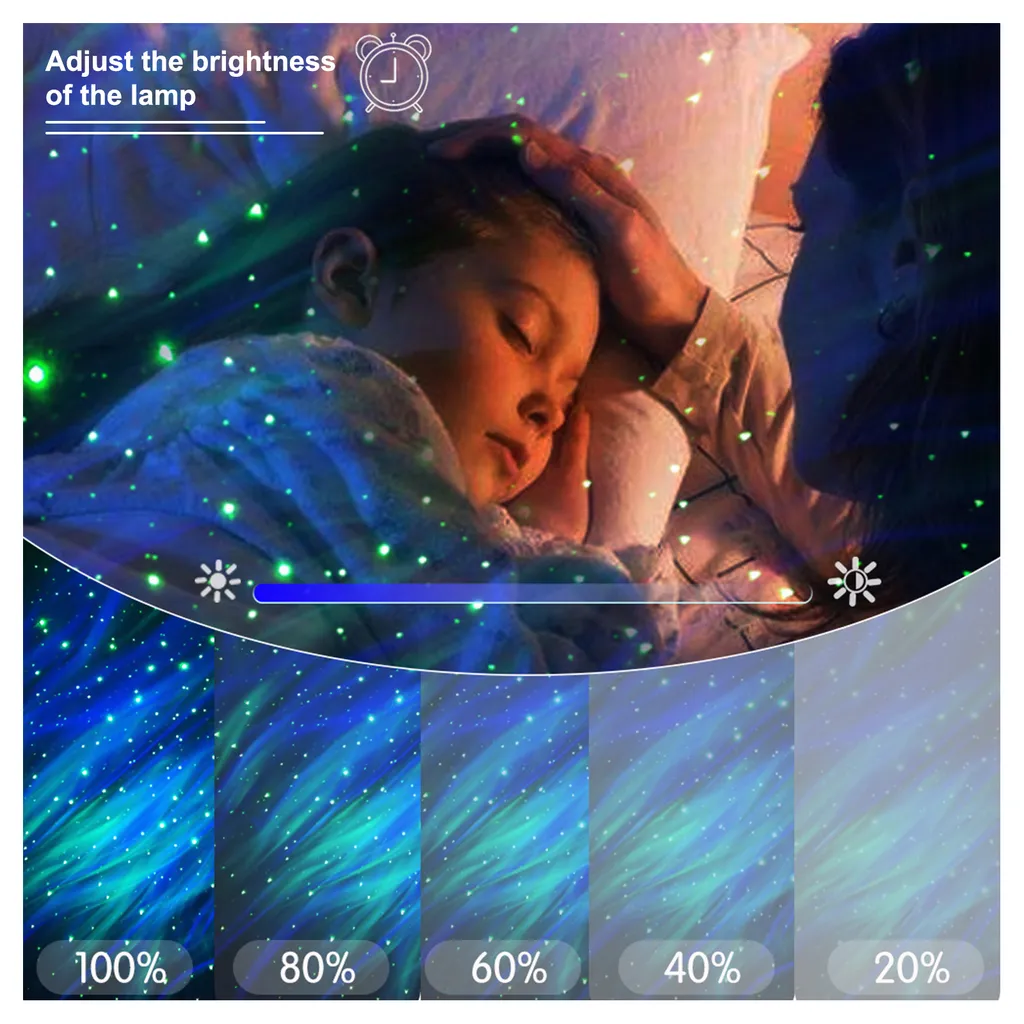 Kind schläft im Bett unter blauem Sternenlicht, Helligkeitsstufen unten von 100% bis 20%.