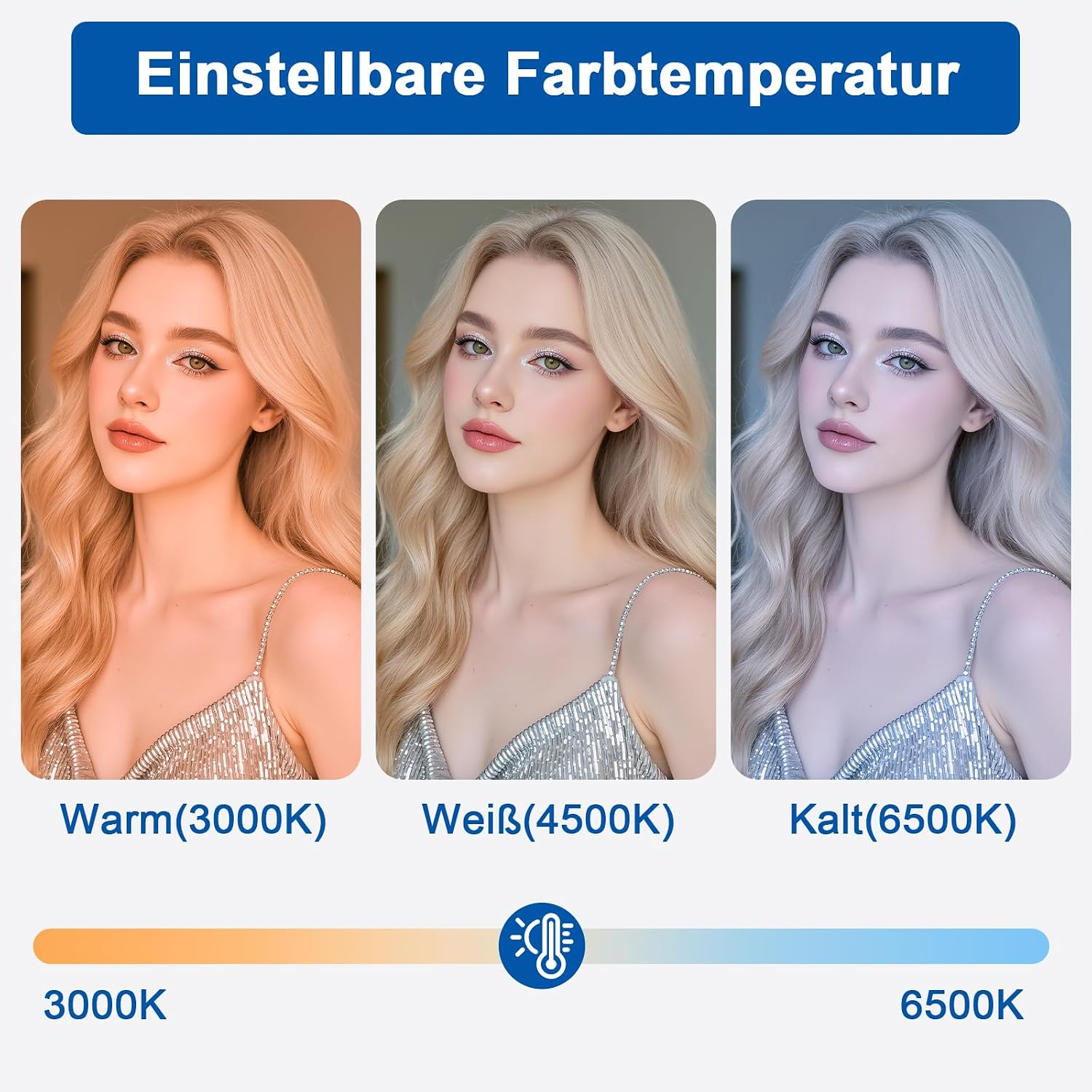 Vergleich von drei Farbtemperaturen: Warm, Weiß und Kalt an einer blonden Frau.