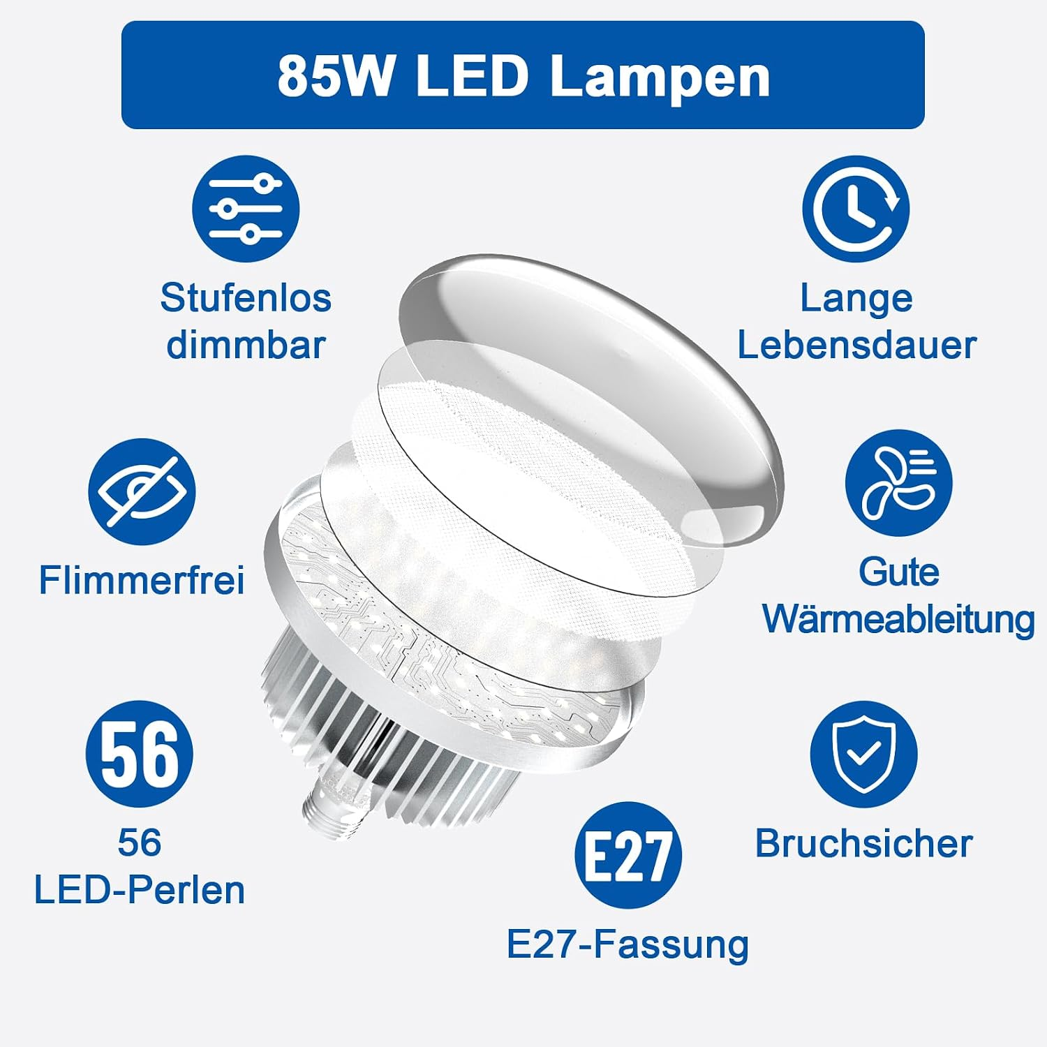 Explosionsansicht einer 85W LED Lampe mit Icons und Eigenschaften wie Dimmbarkeit, Lebensdauer und Fassung.