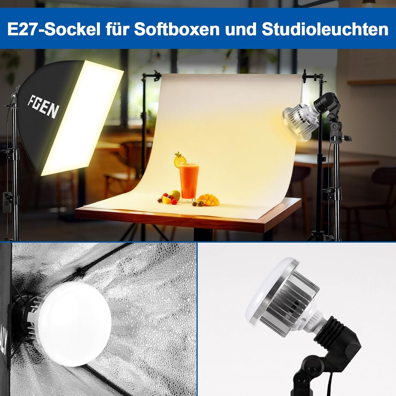 E27-Sockel für Softboxen und Studioleuchten beleuchtet ein Getränk auf einem Tisch.