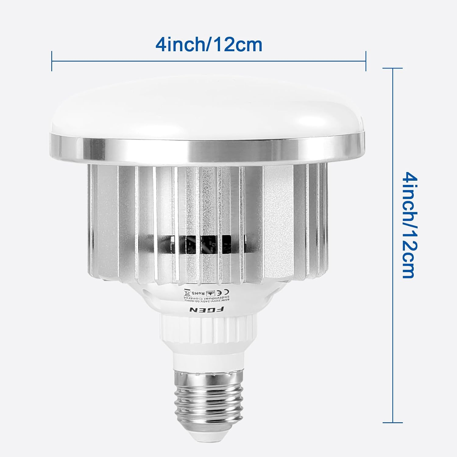 Eine breite LED-Glühbirne mit Maßangaben von 4 Zoll oder 12 Zentimetern für Breite und Höhe.