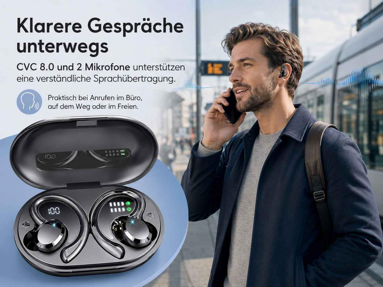 Ein Mann telefoniert in einer Stadt mit kabellosen Ohrhörern, mit Ladecase-Ansicht.