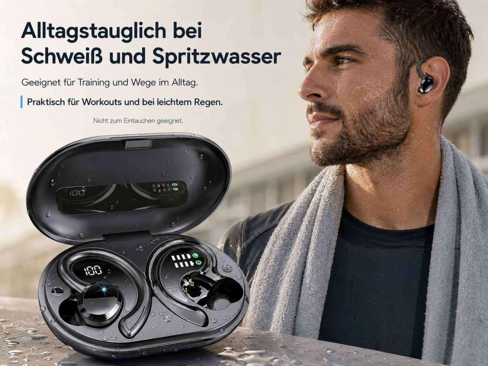 Ein Mann mit Kopfhörern und nassem Gesicht blickt zur Seite, davor liegt ein offenes Ladecase.