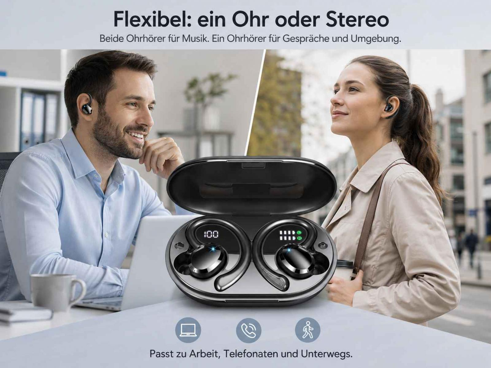 Ein Mann und eine Frau tragen drahtlose Ohrhörer, die in einer Ladeschale liegen.