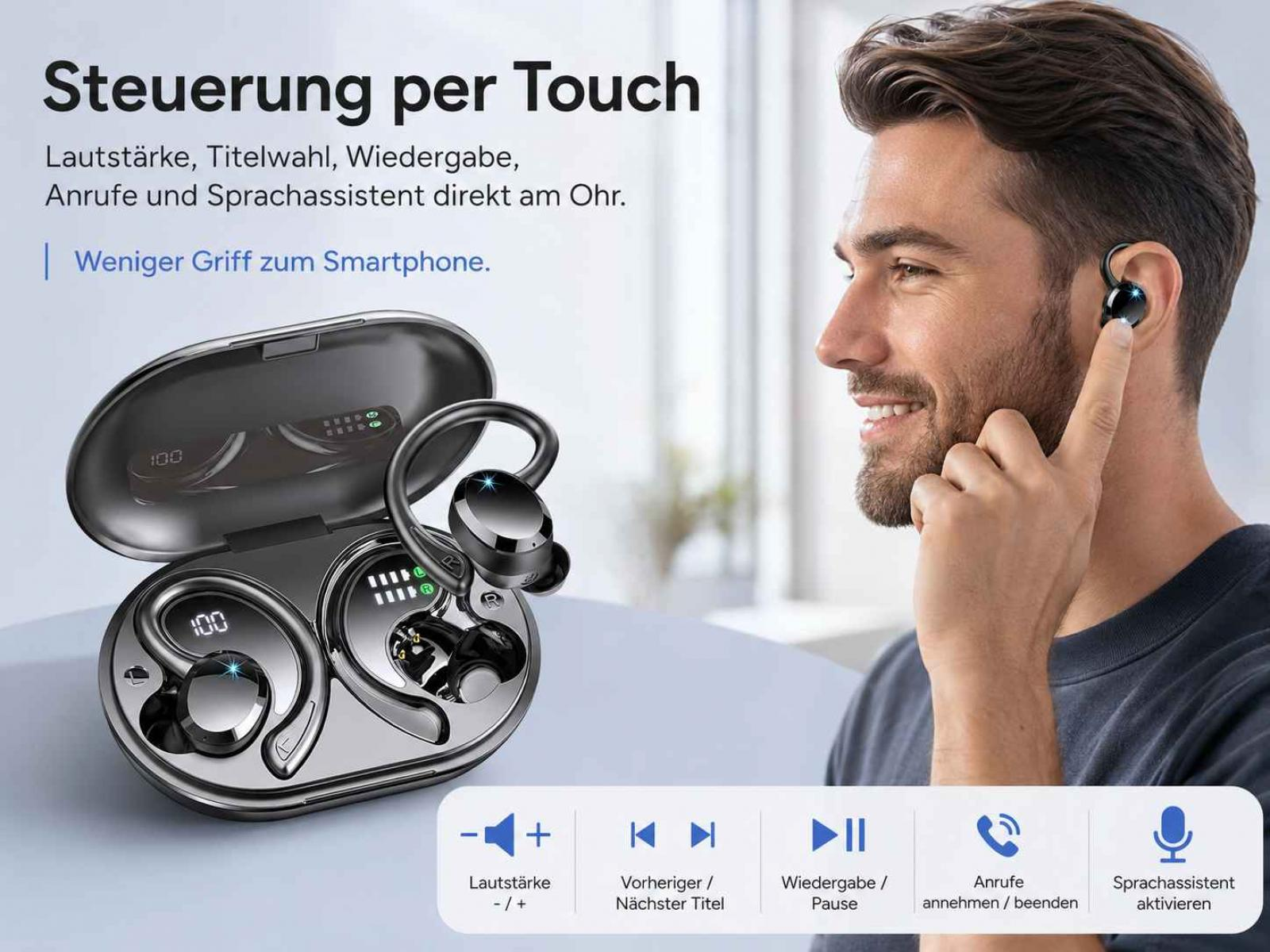 Ein lächelnder Mann berührt kabellose Ohrhörer mit Ladecase und Touch-Steuerung.