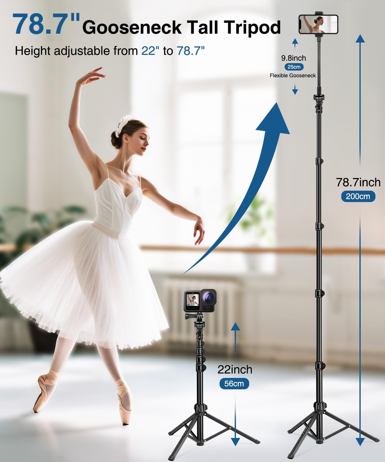 Eine Ballerina und ein höhenverstellbares Gooseneck Stativ von 56cm bis 200cm.