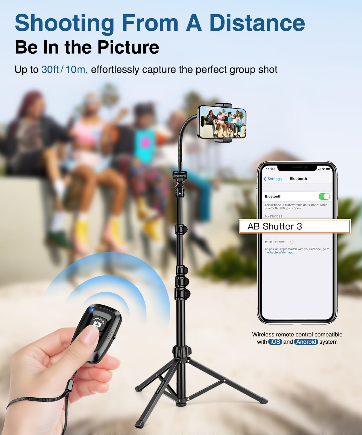 Ein Smartphone auf einem Stativ wird mit einer Bluetooth-Fernbedienung ferngesteuert.