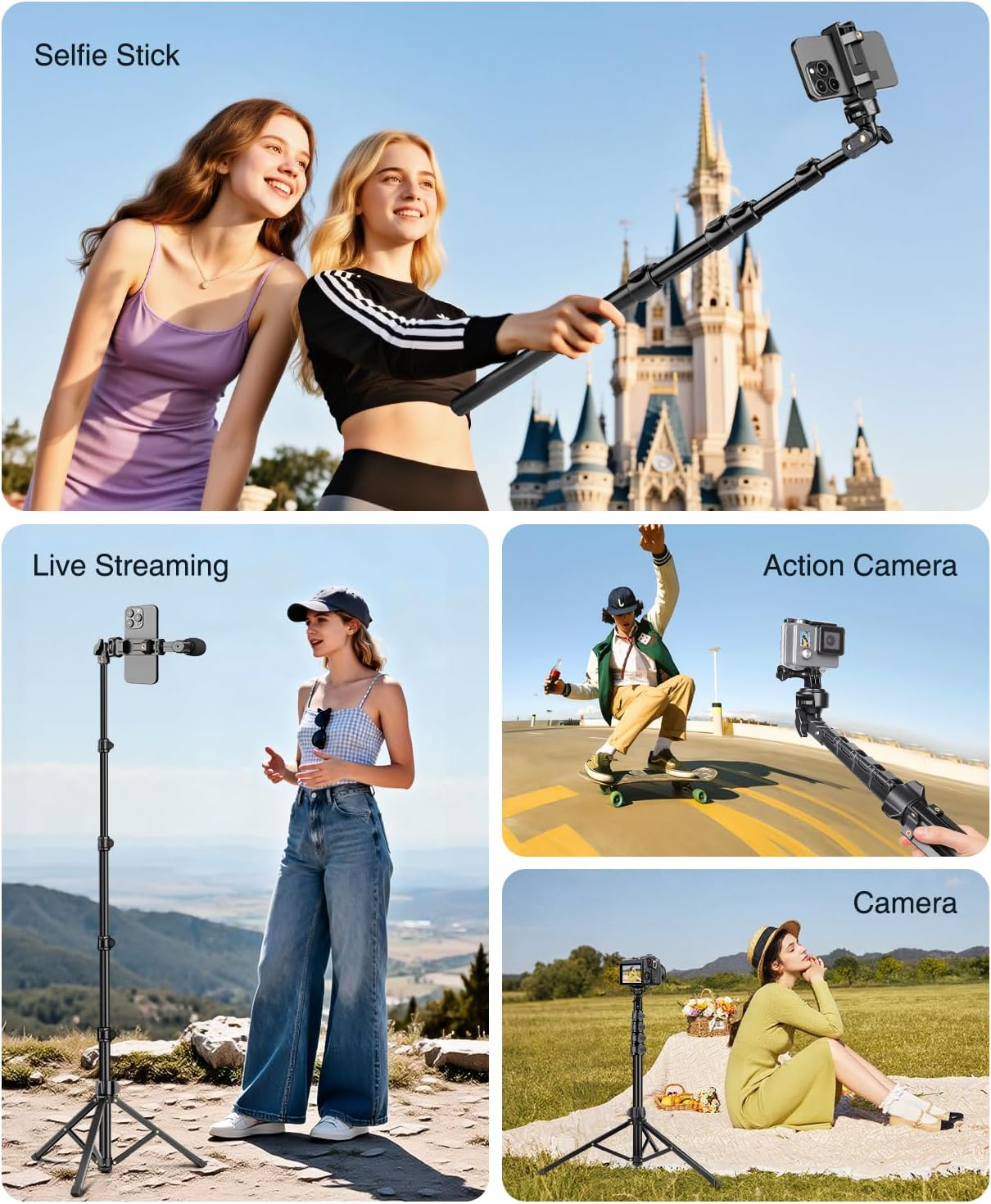 Collage von Personen, die Selfie-Sticks, Stative für Live-Streaming, Action-Kameras und Kameras vor verschiedenen Landschaften nutzen.