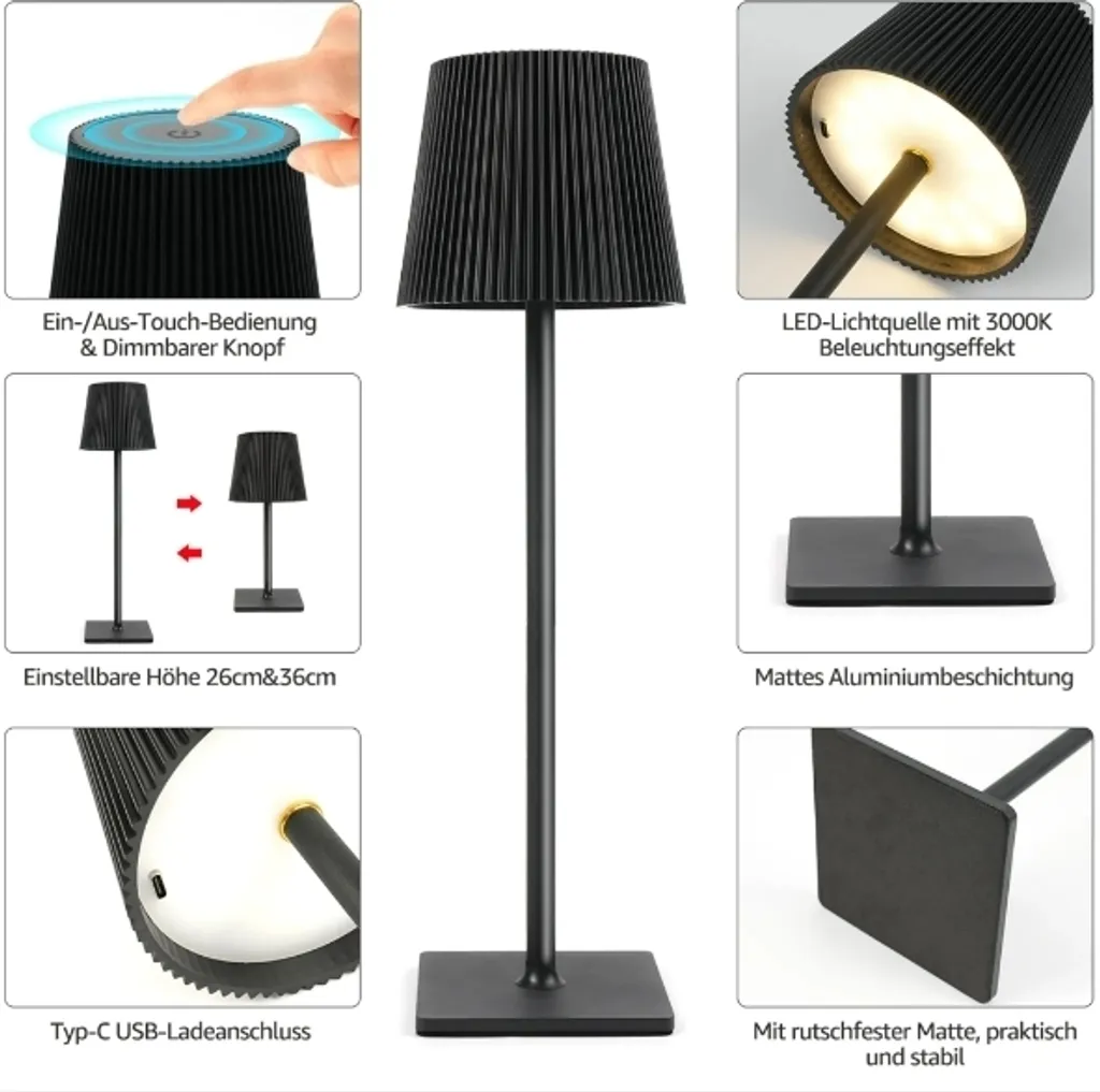 Schwarze Tischlampe mit verstellbarer Höhe, Touch-Bedienung und USB-C-Anschluss.