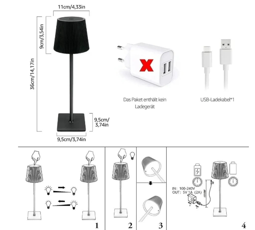 Technische Zeichnung einer schwarzen Tischlampe mit Maßen, Netzteil (nicht enthalten) und Ladekabel.