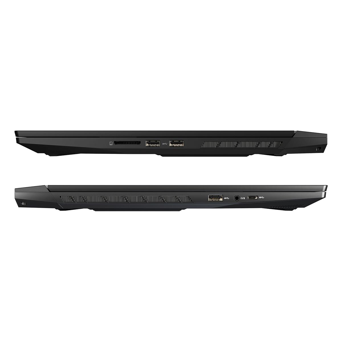 Seitenansichten eines geschlossenen schwarzen Laptops mit sichtbaren Anschlüssen und Lüftungsschlitzen.
