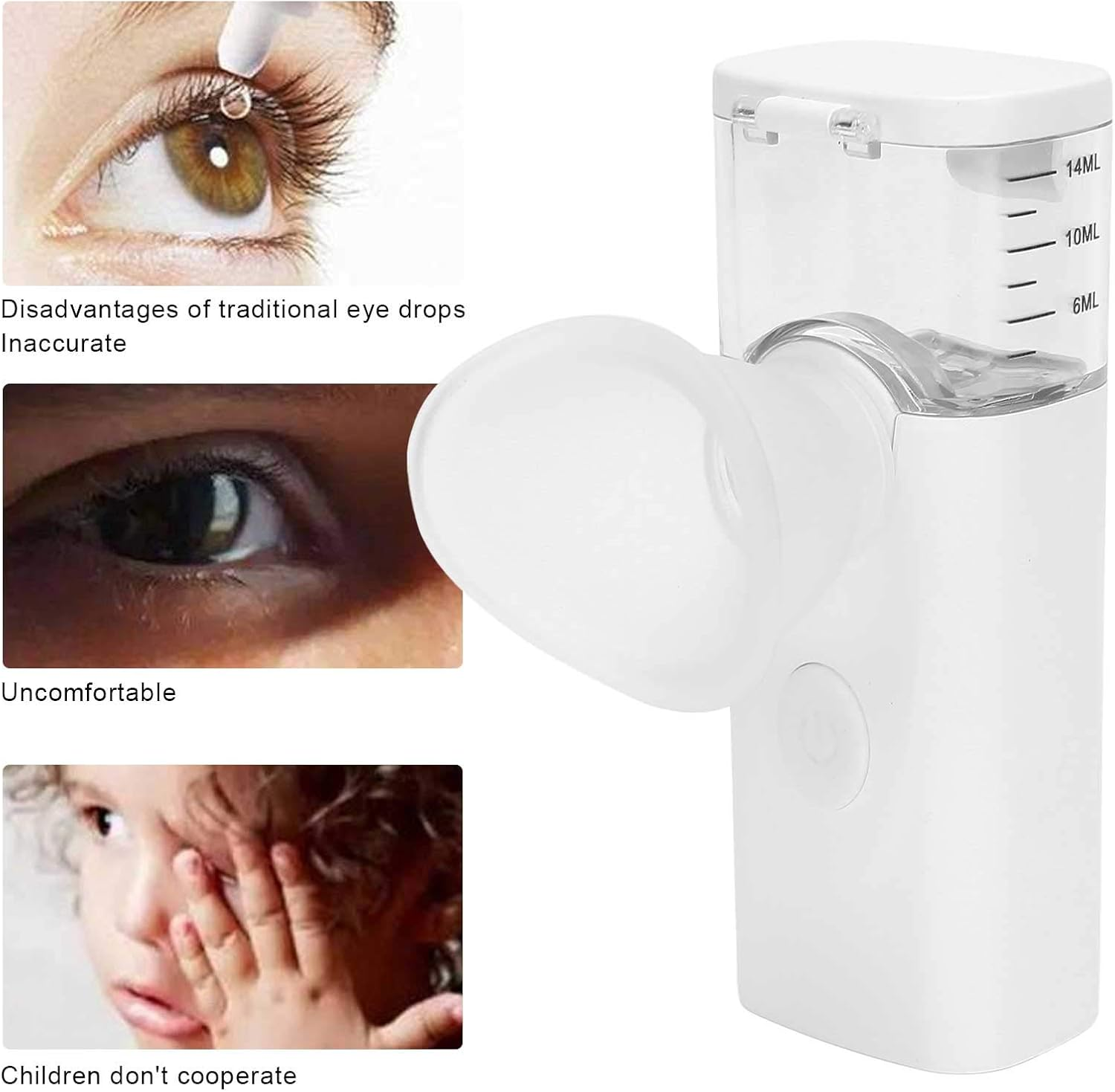 Vergleich von traditionellen Augentropfen mit Nachteilen und einem weißen Augen-Inhalatorgerät rechts.