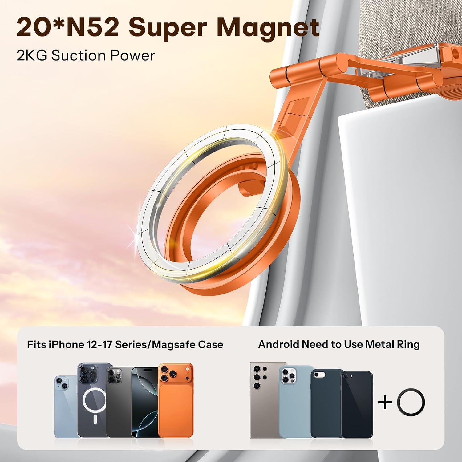 Ein orangefarbener Magnethalter für Smartphones mit Text über Leistung und Kompatibilität.