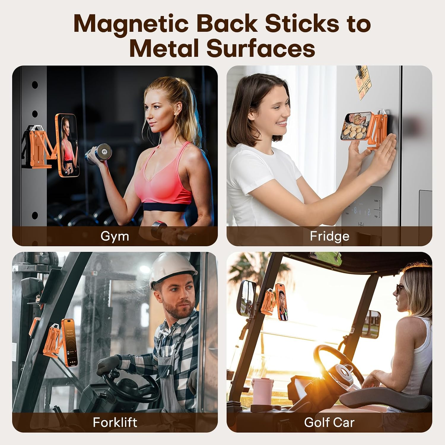 Vier Bilder zeigen eine magnetische Handyhalterung, die an Metalloberflächen in einem Fitnessstudio, am Kühlschrank, Gabelstapler und Golfcart befestigt ist.