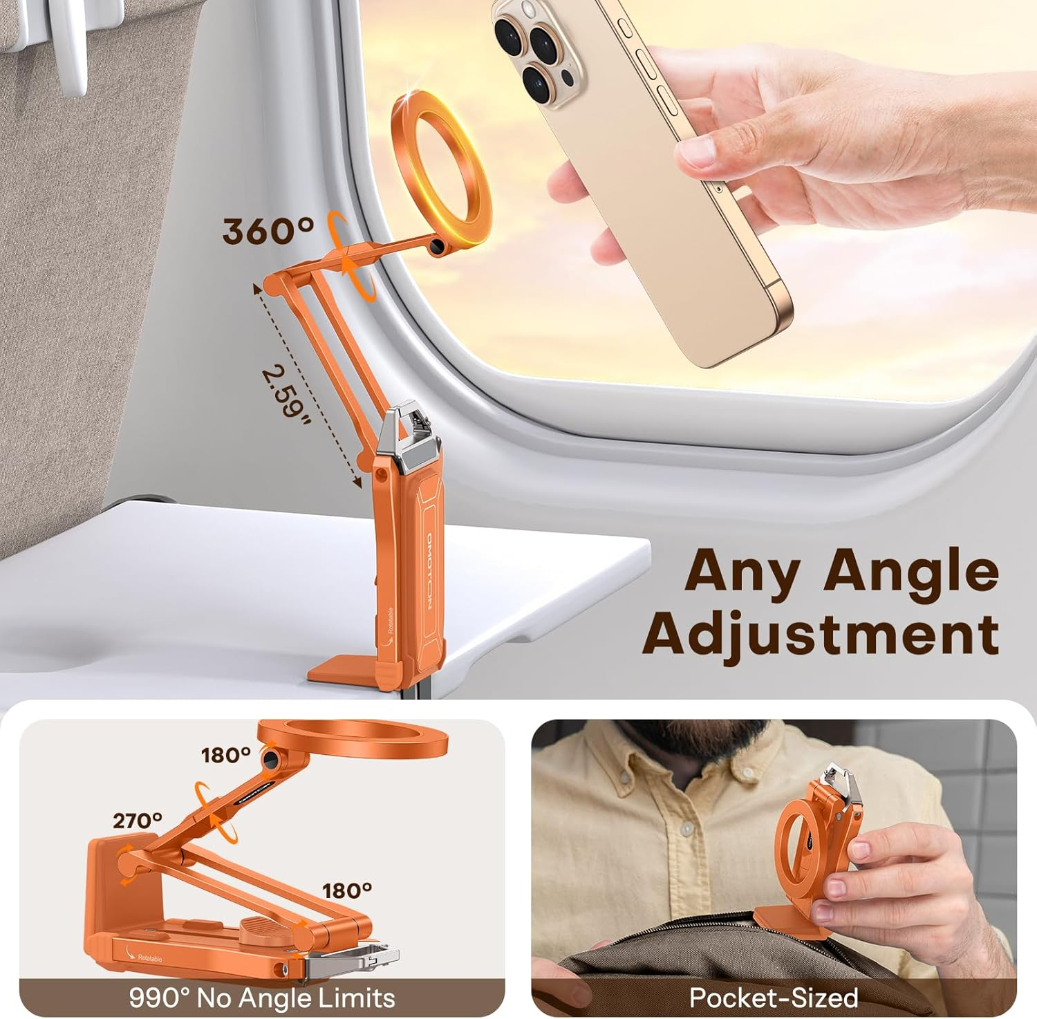 Verstellbare orange Handyhalterung an einem Flugzeugsitz, flexibel und faltbar.