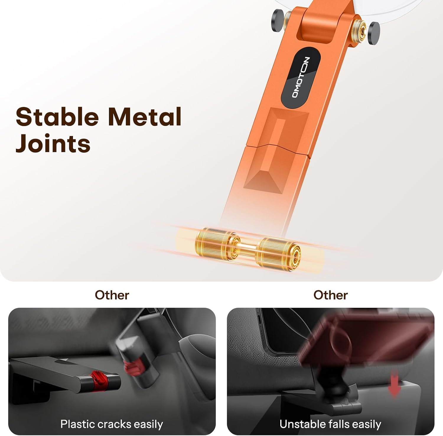 Stabile Metallgelenke eines orangen Halters zeigen Haltbarkeit im Vergleich zu bruchanfälligem Plastik.