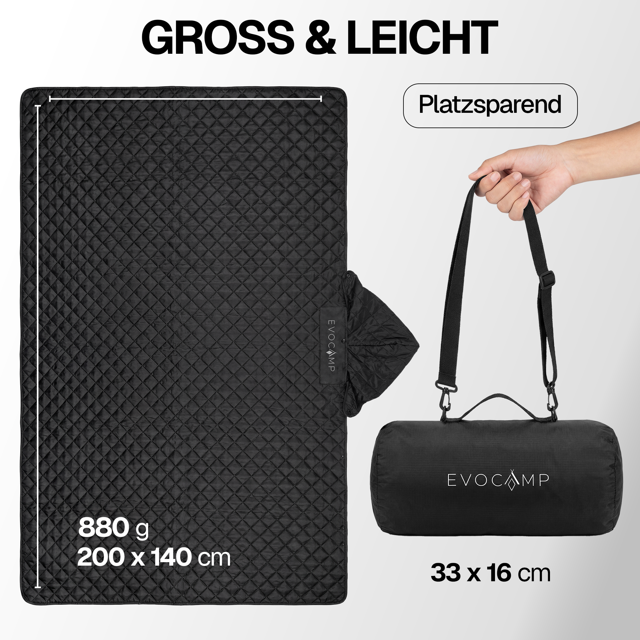 Eine schwarze, gesteppte Evocamp Matte mit den Maßen 200x140 cm, inklusive Tasche für den Transport.