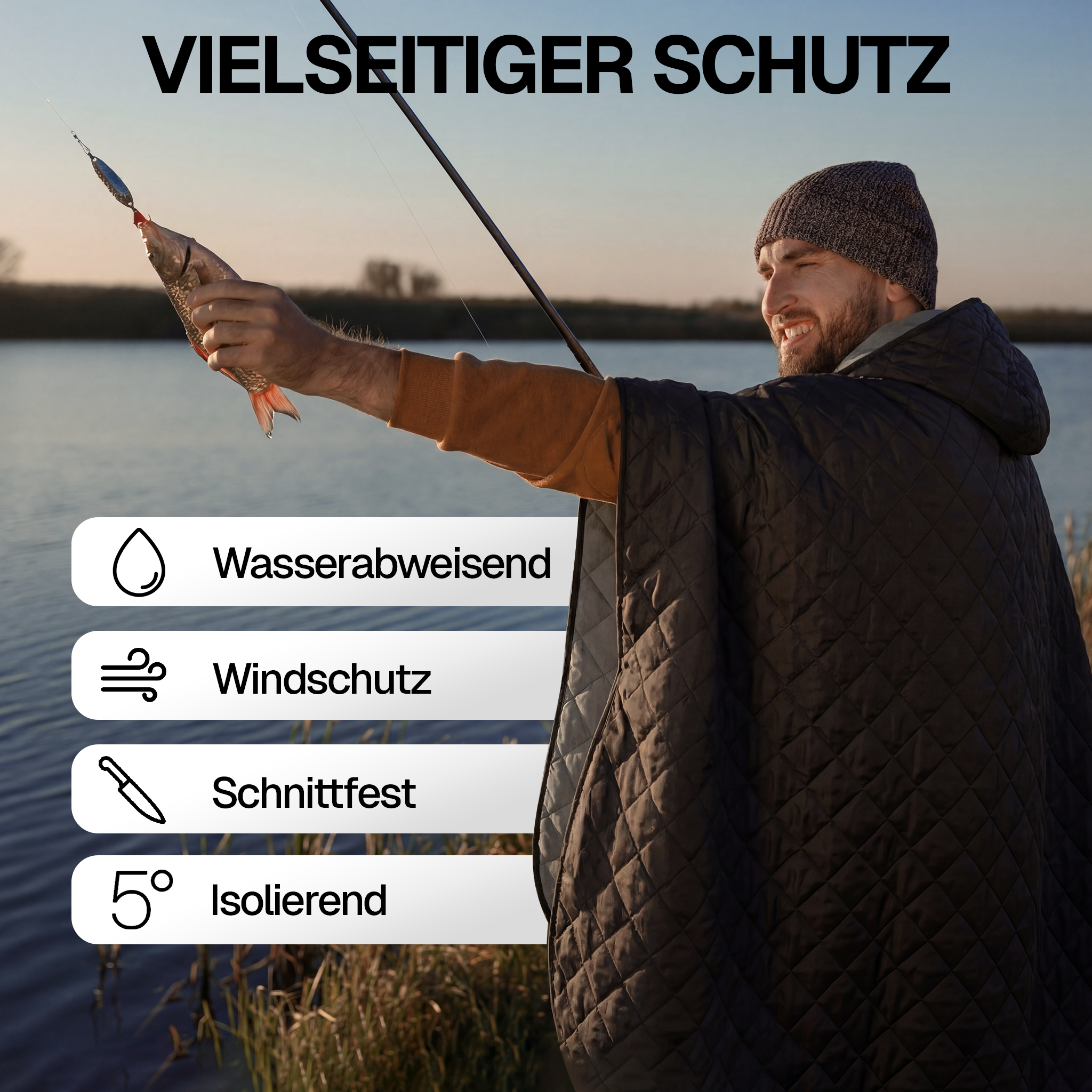 Ein Mann mit einem schwarzen Poncho hält einen Fisch an einem See, mit Textfeldern zu den Eigenschaften.