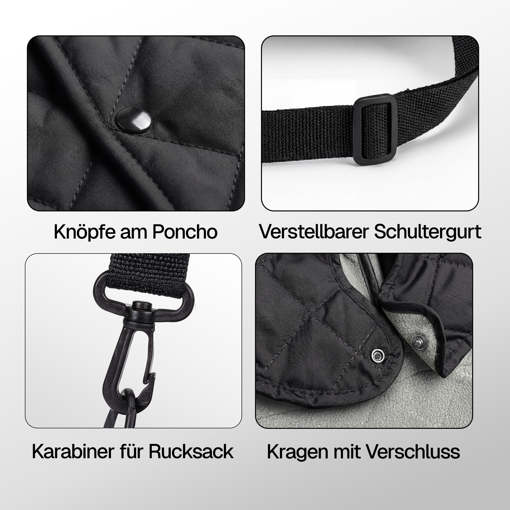 Vier Detailbilder von Poncho-Knöpfen, Schultergurt, Karabiner und Kragenverschluss auf grauem Hintergrund.