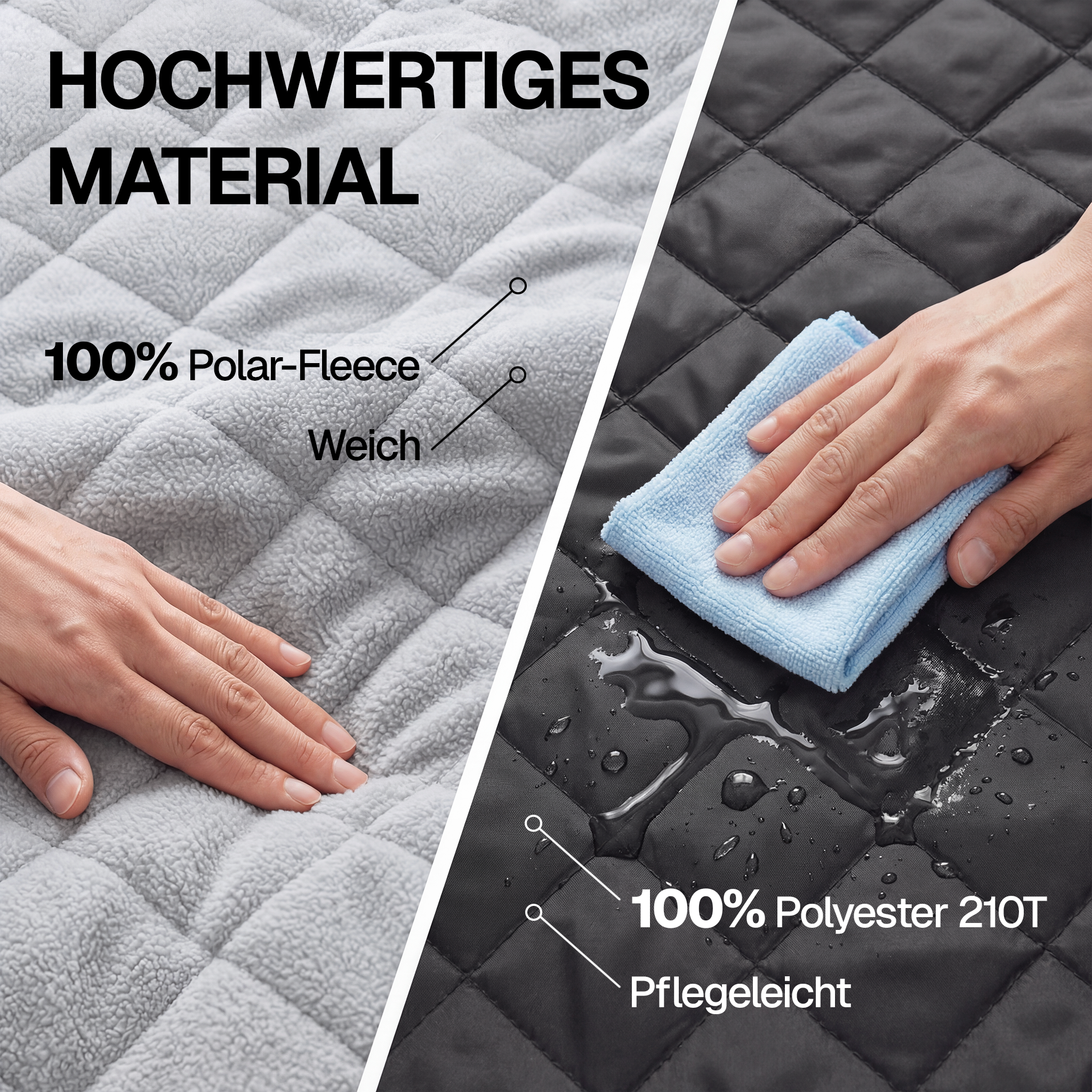 Geteiltes Bild zeigt graues Polar-Fleece links und eine Hand wischt Wasser von schwarzem Polyester rechts.