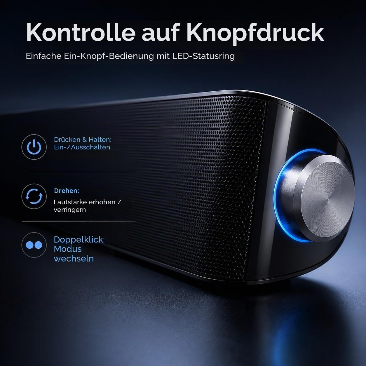 Schwarze Soundbar mit blauem LED-Ring und Drehknopf, dazu Erklärungen zur Bedienung.