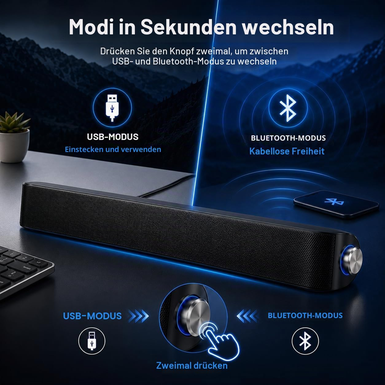 Schwarze Soundbar auf einem Schreibtisch mit Symbolen für USB- und Bluetooth-Modus und Text.