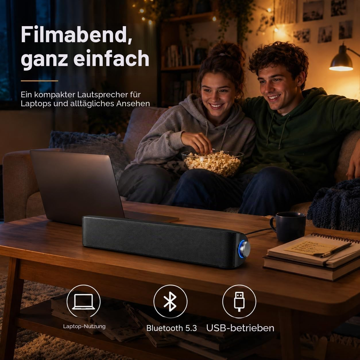 Paar sitzt gemütlich auf dem Sofa, schaut einen Laptop-Film und isst Popcorn, während eine Soundbar auf dem Tisch steht.