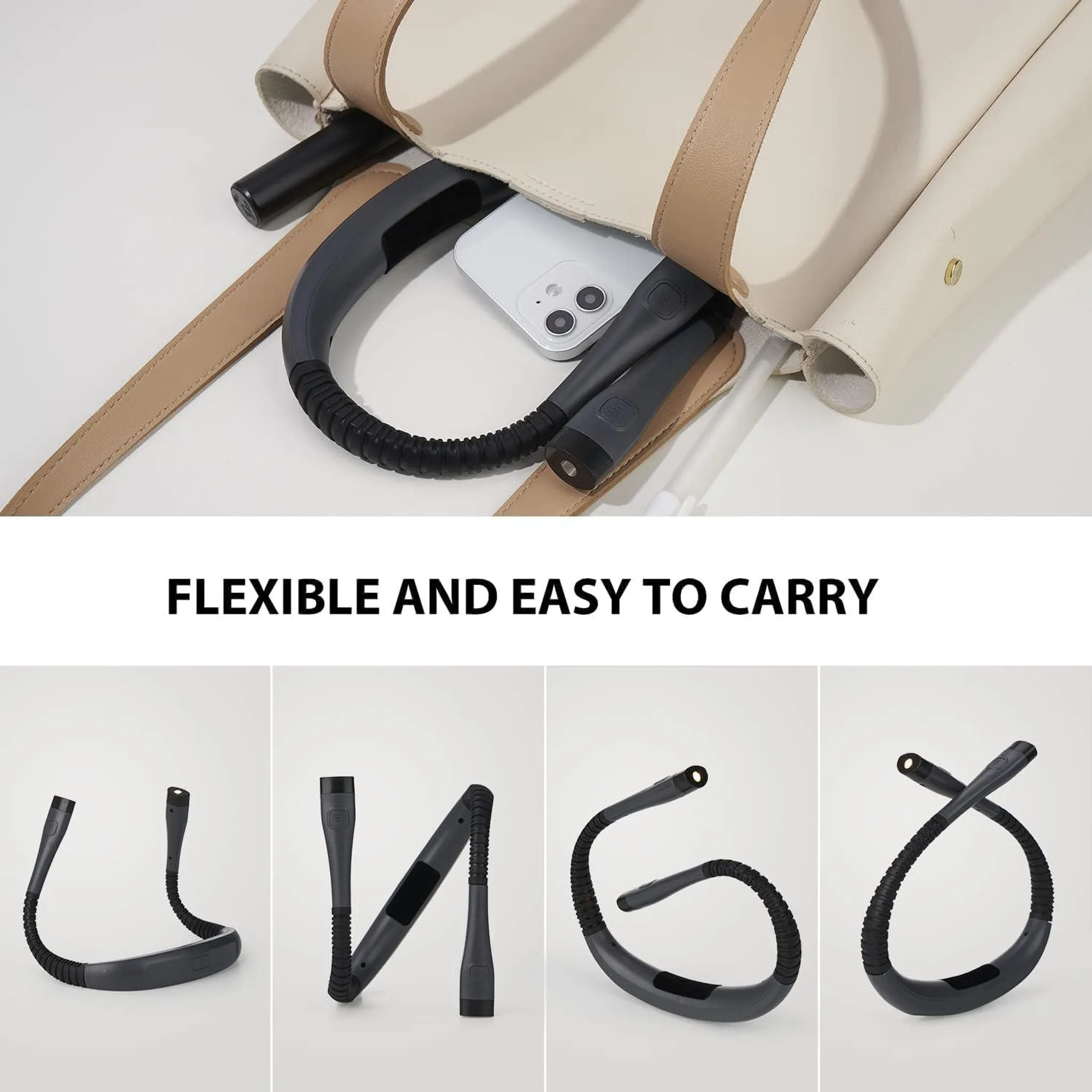 Eine Handtasche mit Smartphone und biegsamer Nackenleuchte, darunter vier Ansichten der flexiblen Lampe.