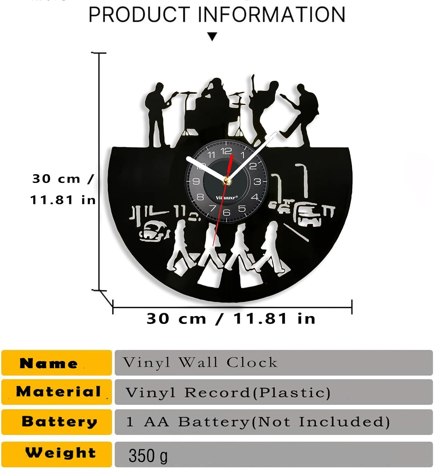 Schwarze Vinyl-Wanduhr mit Beatles-Motiv, Musikern und Maßen.